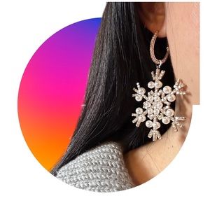 3in Long Large Silver Snowflake earrings with crystals and pearls